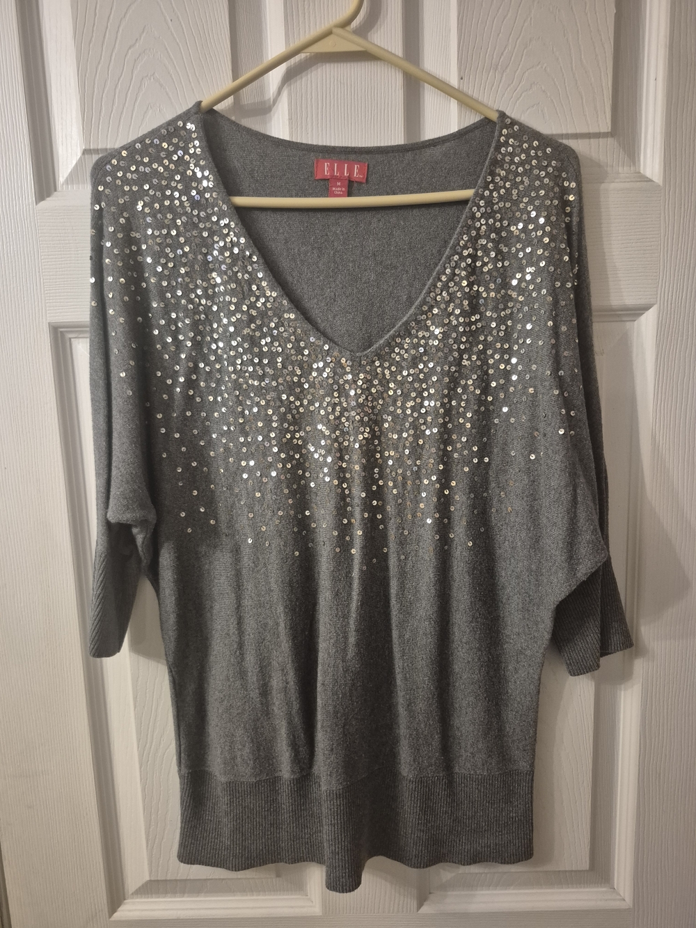 ELLE Gray V-Neck Sequin Pullover